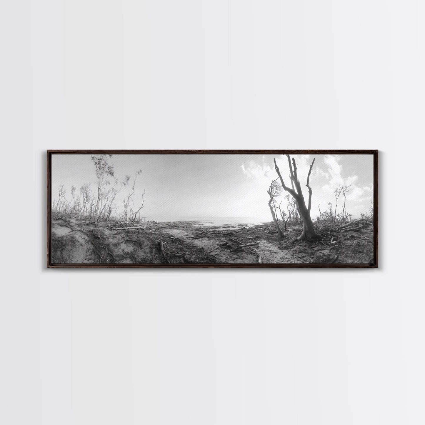 Windswept Coastal Trees, Driftwood Beach Landscape, Black White Canvas Print, Autumn Wall Art, Nature-Inspired Living Room Decor