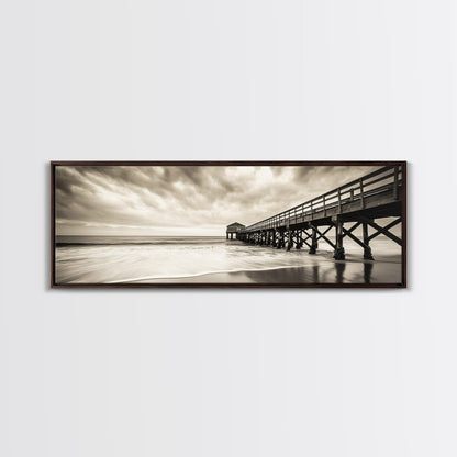 Pier at Dusk, Ocean Boardwalk, Stormy Beach Horizon, Framed Canvas Print, Moody Coastal Wall Art, Nautical Living Room Decor