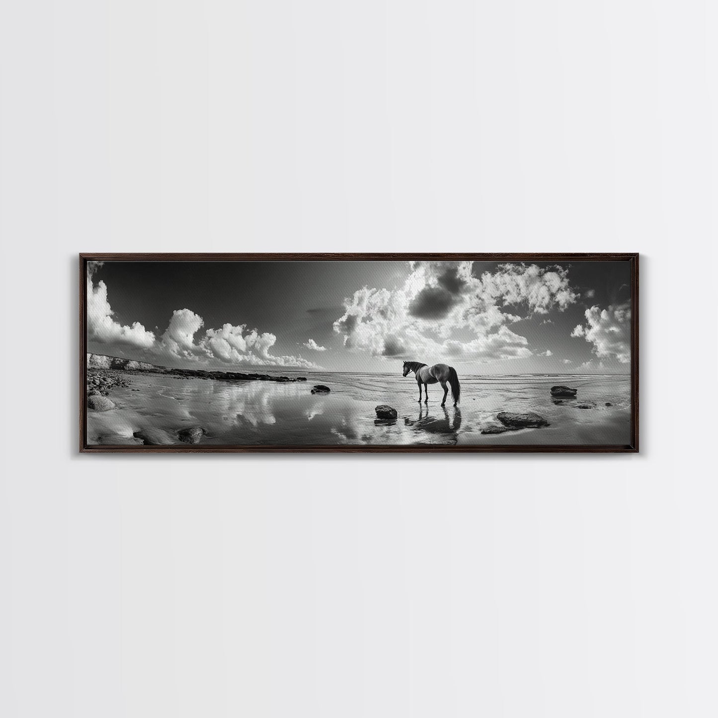 Beach Horse Reflection, Coastal Freedom, Wild Spirit Scene, Framed Canvas Print, Western Bathroom Art, Minimalist Beach House Decor