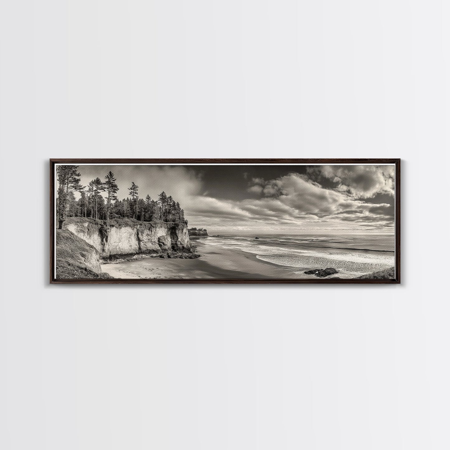 Cliffside Forest, Pacific Coastline, Dramatic Ocean View, Framed Canvas Print, Natural Landscape, Cabin Wall Art, Rustic Coastal Decor