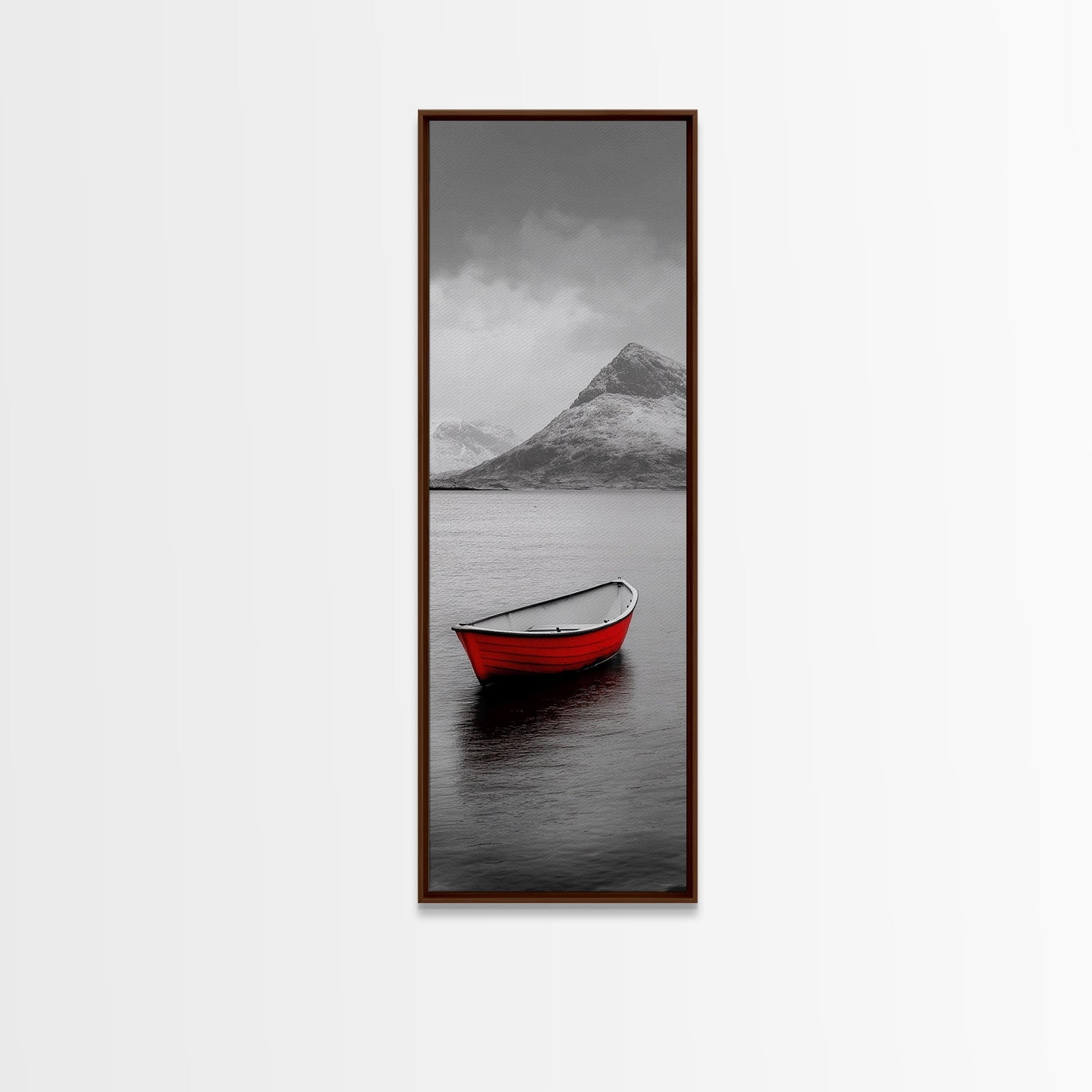 Red Boat, Serene Waters, Mountain Reflection, Winter Landscape – Framed Canvas Print, Minimalist Wall Art, Bedroom Decor, Nature Tranquility