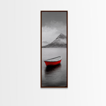 Red Boat, Serene Waters, Mountain Reflection, Winter Landscape – Framed Canvas Print, Minimalist Wall Art, Bedroom Decor, Nature Tranquility