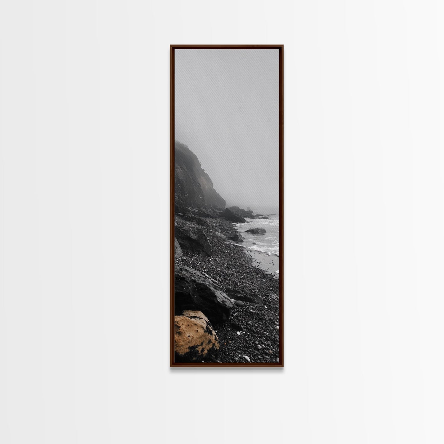 Foggy Cliffs, Coastal Rocks, Moody Ocean Photography, Canvas Print, Minimalist Seascape, Bathroom Decor, Calm Gray Tones, Nature Print