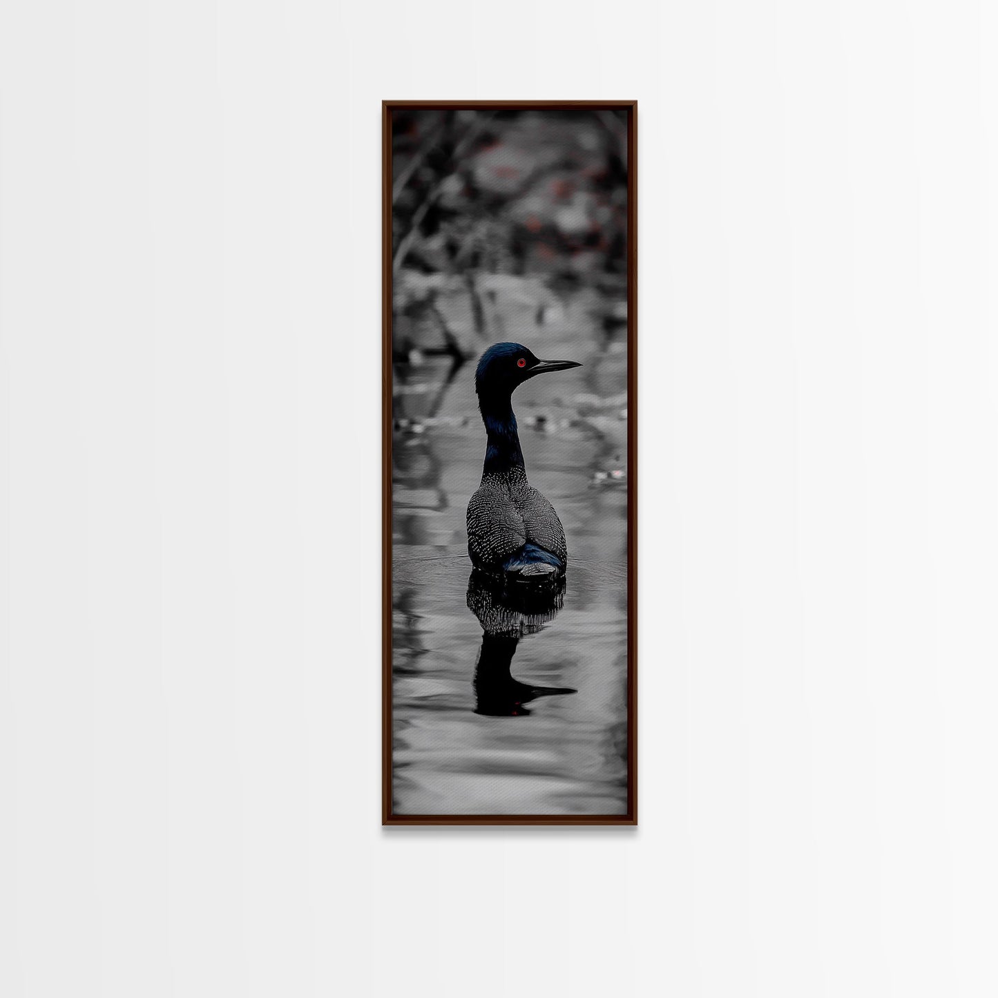 Blue Loon, Water Reflection, Elegant Bird, Lake Life Framed Canvas Print, cabin decor, nature wall art, minimalist bird art, office wall art