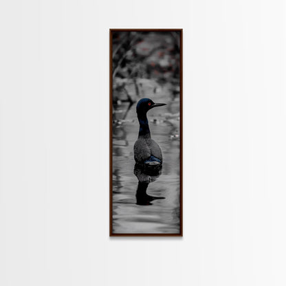Blue Loon, Water Reflection, Elegant Bird, Lake Life Framed Canvas Print, cabin decor, nature wall art, minimalist bird art, office wall art