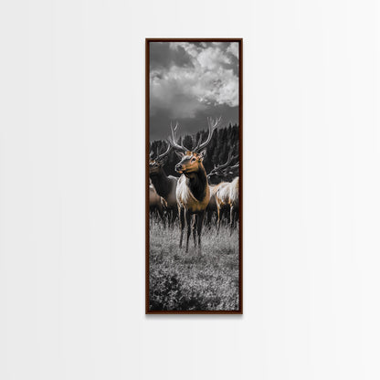 Majestic Elk, Forest Wildlife, Autumn Scene, Nature Herd, Framed Canvas Print, rustic lodge decor, cabin wall art, woodland style