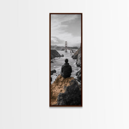 Golden Gate, Solitude View, Man on Cliff, Iconic Bridge, Framed Canvas Print, Travel Wall Art, Office Inspiration, Moody Coastal Decor