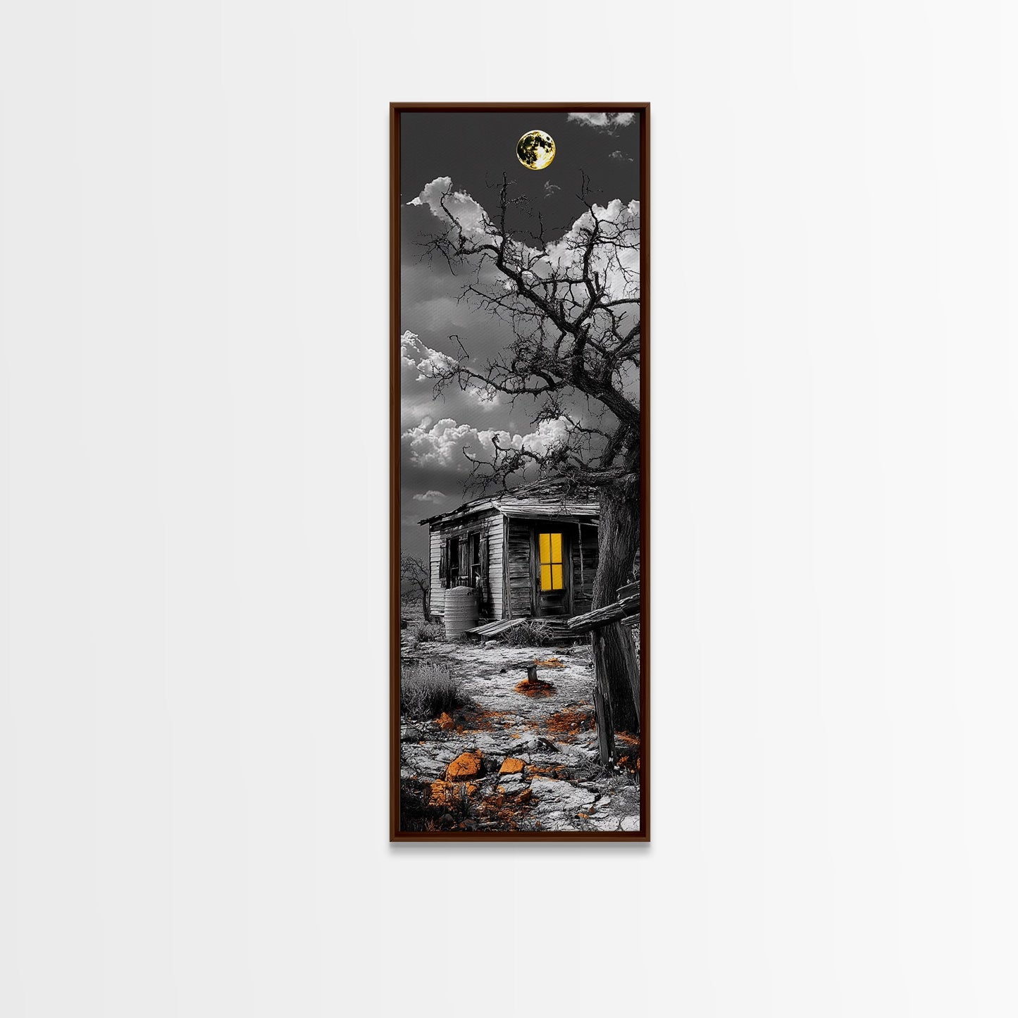 Haunted Cabin, Yellow Light, Full Moon, Framed Canvas Print, Halloween Wall Art, Gothic Decor, Spooky Home Accent, Fall Vibes