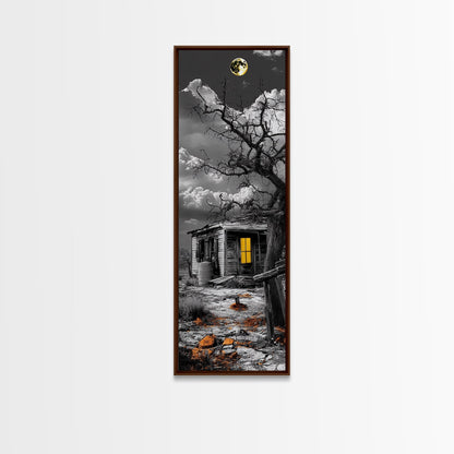 Haunted Cabin, Yellow Light, Full Moon, Framed Canvas Print, Halloween Wall Art, Gothic Decor, Spooky Home Accent, Fall Vibes