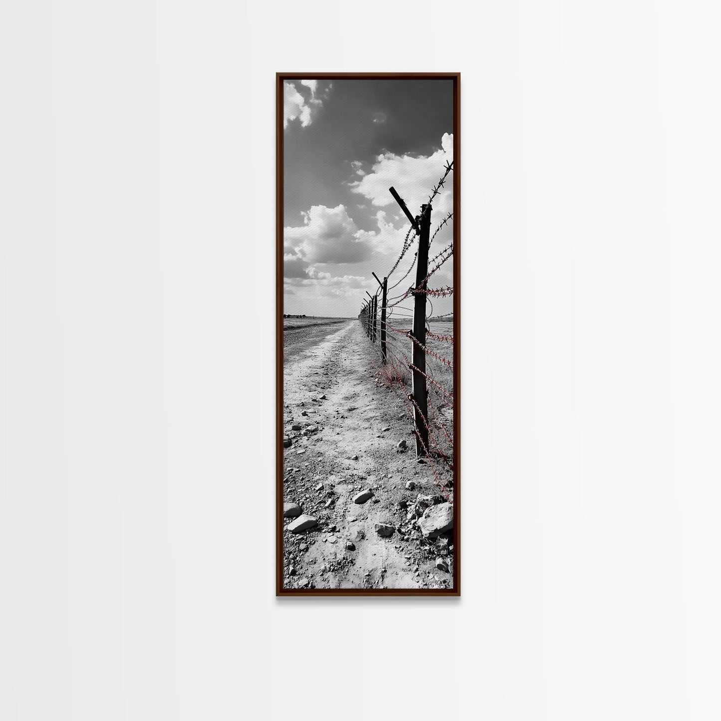 Red Barbed Wire, Desert Fence, Dystopian Path, Framed Canvas Print, Western Rustic Decor, Grunge Wall Art, Monochrome Landscape Style