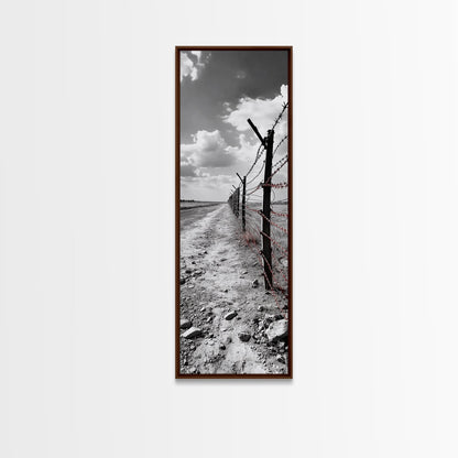 Red Barbed Wire, Desert Fence, Dystopian Path, Framed Canvas Print, Western Rustic Decor, Grunge Wall Art, Monochrome Landscape Style