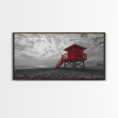 Red Lifeguard Tower, Beachscape, Dramatic Sky, Coastal Life, Framed Canvas Print, Modern Beach Wall Art, Bold Bathroom Decor