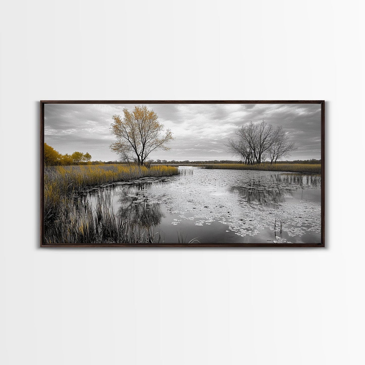 Lily Pond Trees, Serene Reflection, Autumn Landscape, Calm Water Scene, Framed Canvas Print, Nature Wall Art, Fall Living Room Decor