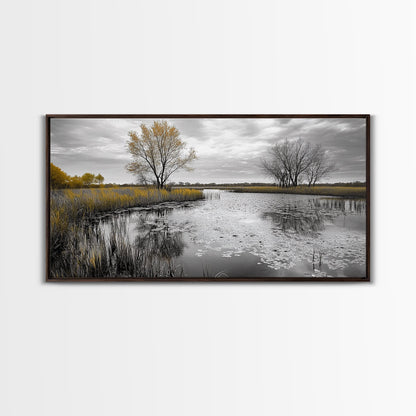 Lily Pond Trees, Serene Reflection, Autumn Landscape, Calm Water Scene, Framed Canvas Print, Nature Wall Art, Fall Living Room Decor
