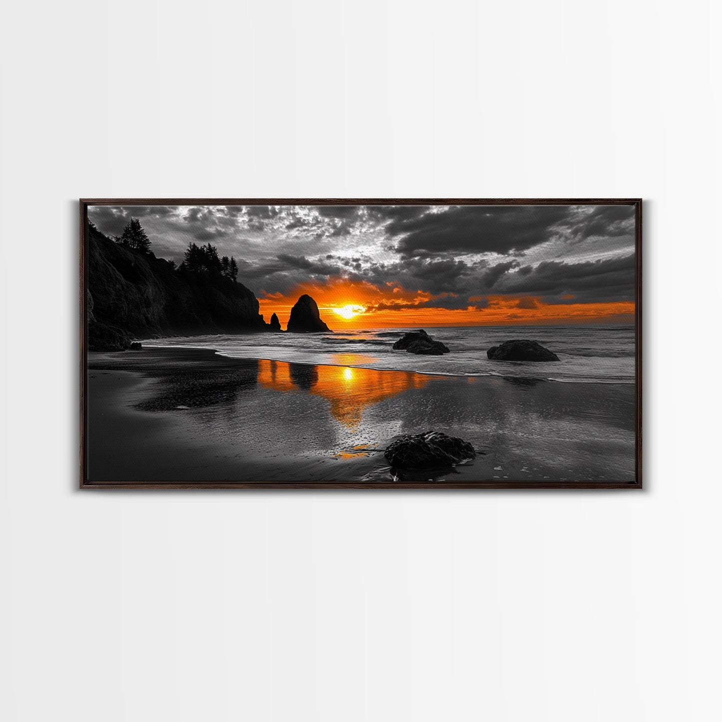 Sunset Beach, Fiery Sky, Ocean Glow, Moody Seascape, Framed Canvas Print coastal living room wall art, dramatic sunset photography