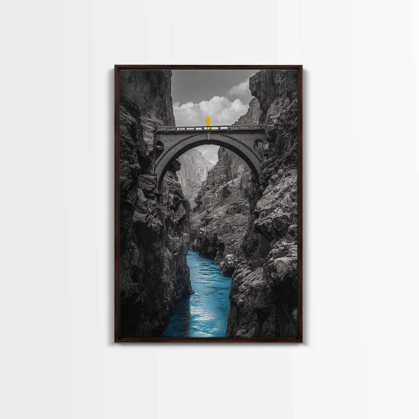 Canyon Bridge, Blue River, Yellow Figure, Framed Canvas Print, Bold Color Photography, Dramatic Landscape, Office Statement Art
