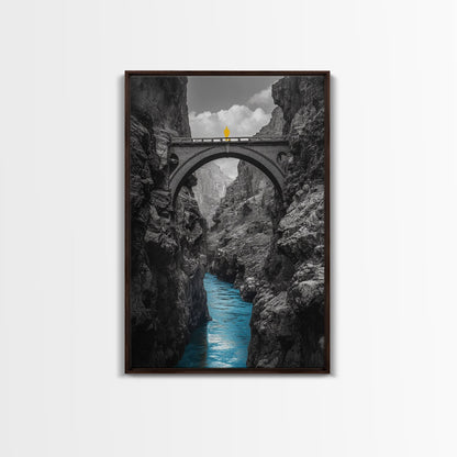 Canyon Bridge, Blue River, Yellow Figure, Framed Canvas Print, Bold Color Photography, Dramatic Landscape, Office Statement Art