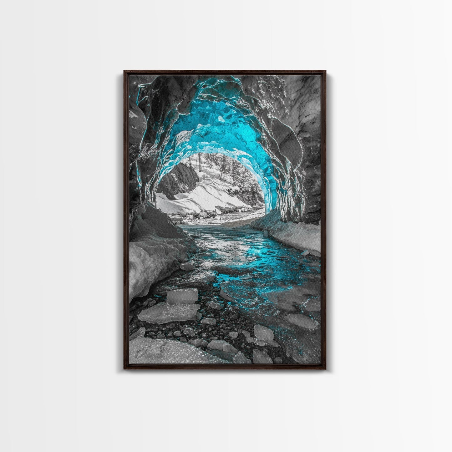 Blue Ice Cave, Winter Tunnel, Arctic Wonderland, Framed Canvas Print, Nature Wall Art, Minimalist Photography, Cool Tone Decor