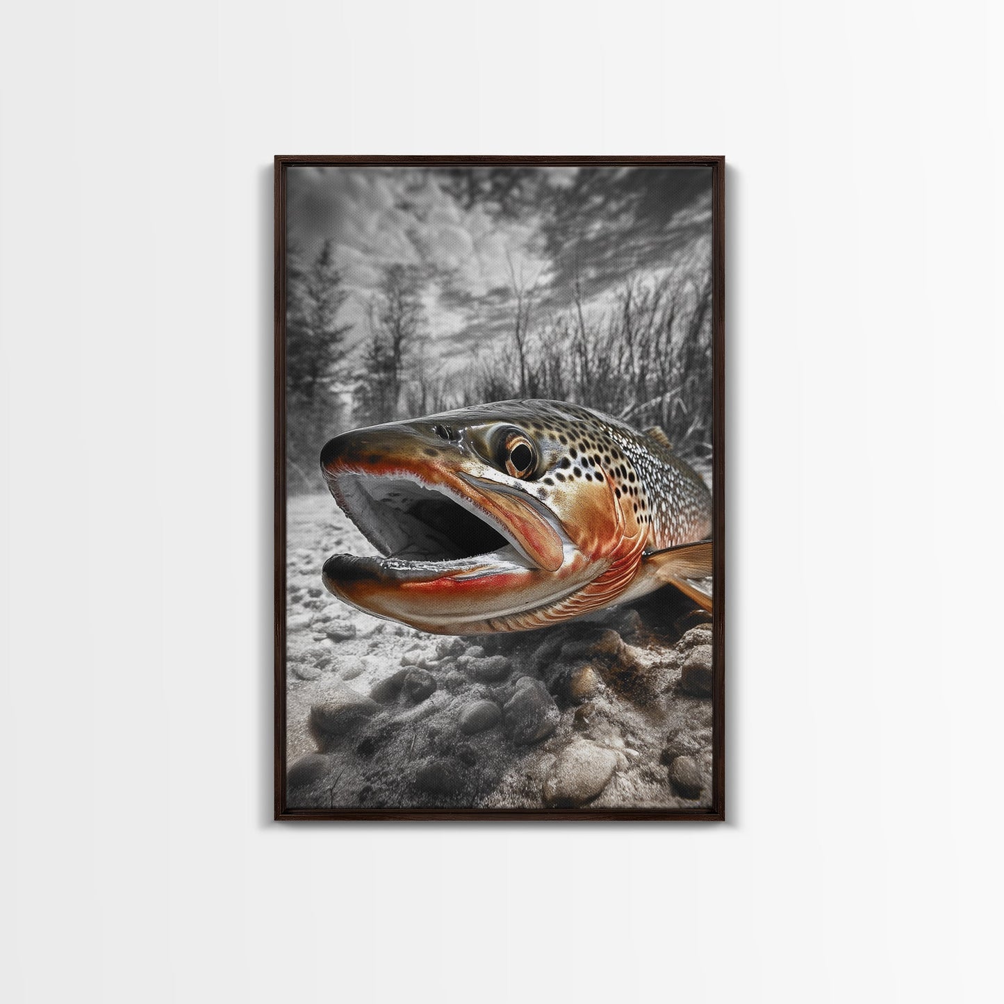 Brown Trout Closeup, Riverbed Focus, Dramatic Fish Art, Framed Canvas Print, Fisherman Gift, Cabin Wall Art, Rustic Outdoor Decor