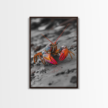 Colorful Lobster, Beach Wildlife, Close-Up Macro Art, Framed Canvas Print, Kitchen Wall Art, Coastal Marine Decor, Vibrant Style