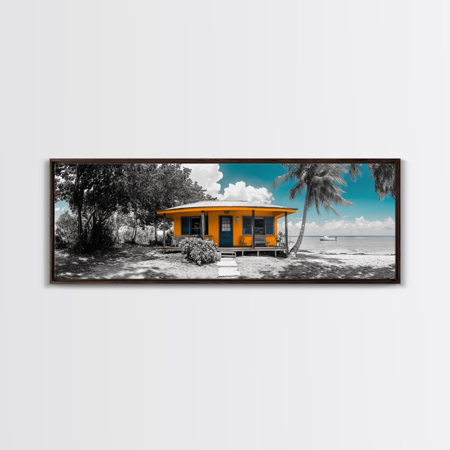 Beach House, Tropical Paradise, Yellow Cabin, Oceanfront View, Framed Canvas Print, Living Room Wall Art, Coastal Home Aesthetic