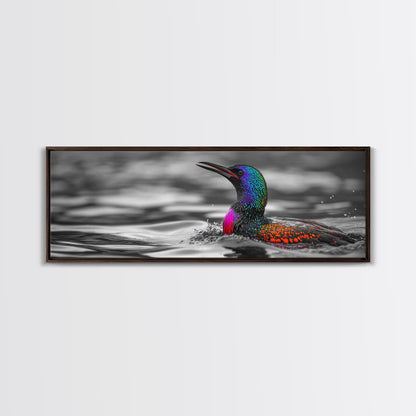 Colorful Loon, Rainbow Feathers, Water Splash, Unique Wildlife, Framed Canvas Print, Bathroom Wall Art, Eclectic Style, Birdwatcher Gift