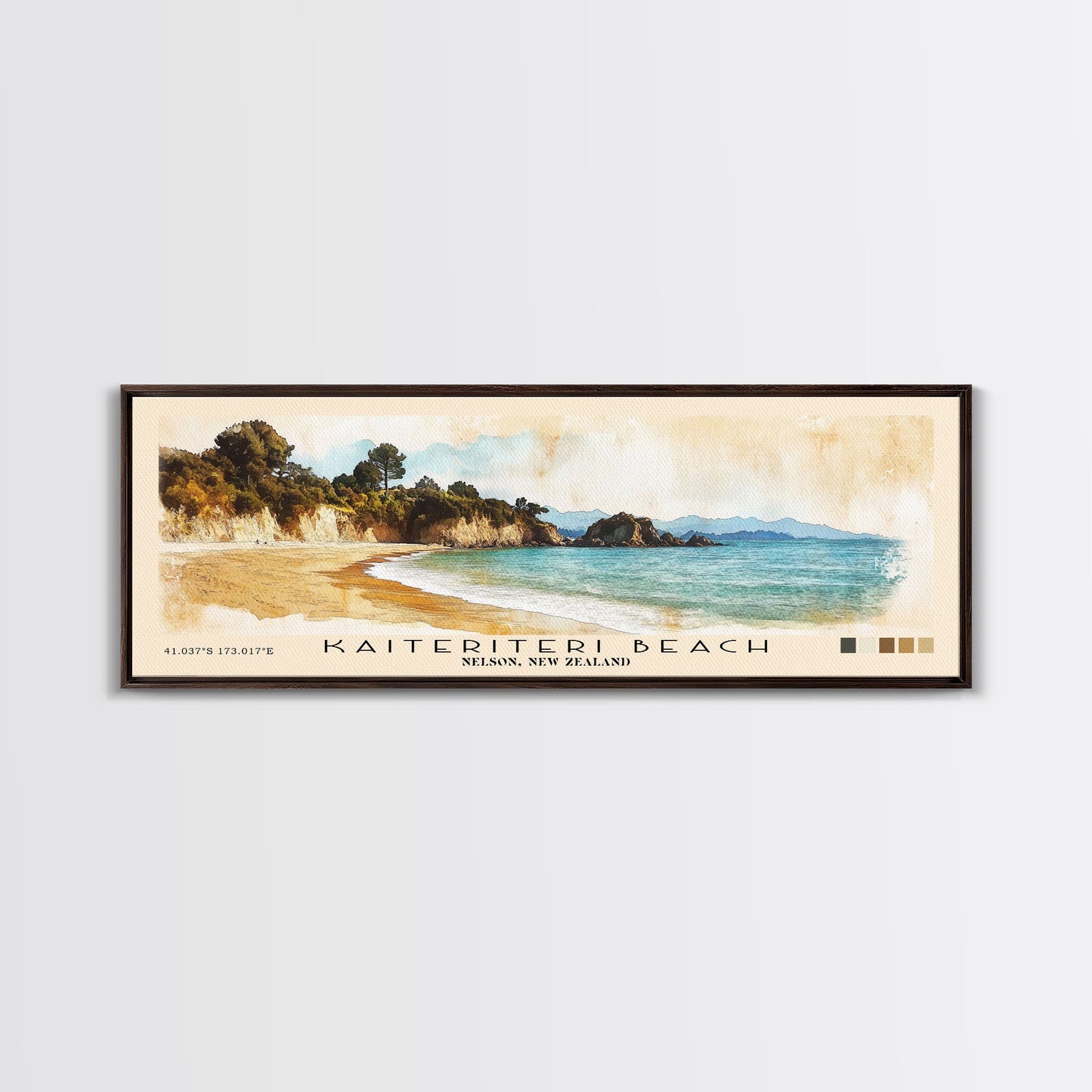 Kaiteriteri Beach, Nelson, New Zealand Watercolor Print, Vacation Gift, Nelson, New Zealand Wall Art, Beach Painting, Beach Decor, Large Wall Art, Wood Frame Art