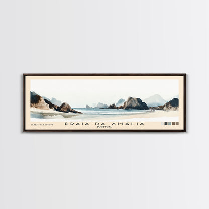 Praia da Amália, Portugal Watercolor Beach Print, Vacation Gift, Portugal Wall Art, Framed Canvas Print, Framed Beach Painting