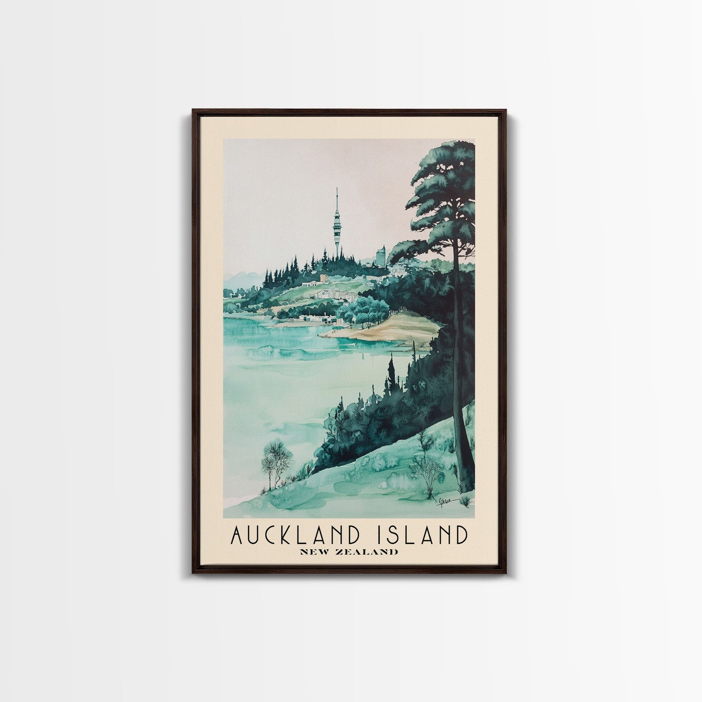 Auckland Island, New Zealand Watercolor Print, Vacation Gift, New Zealand Wall Art, Beach Painting, Beach Decor, Large Wall Art, Wood Frame Art