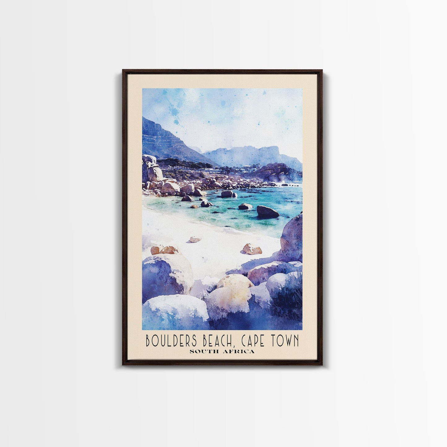 Boulders Beach, Cape Town, South Africa Watercolor Print, Vacation Gift, South Africa Wall Art, Beach Painting, Beach Decor, Large Wall Art, Wood Frame Art