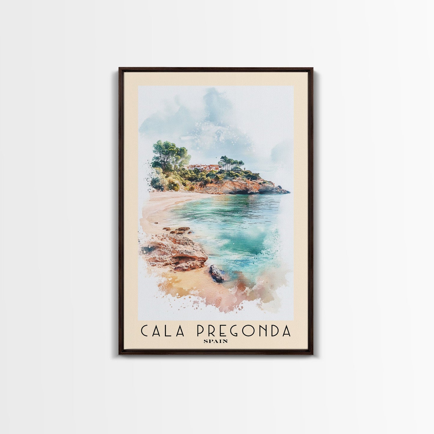 Cala Pregonda, Spain Watercolor Print, Vacation Gift, Spain Wall Art, Beach Painting, Beach Decor, Large Wall Art, Wood Frame Art