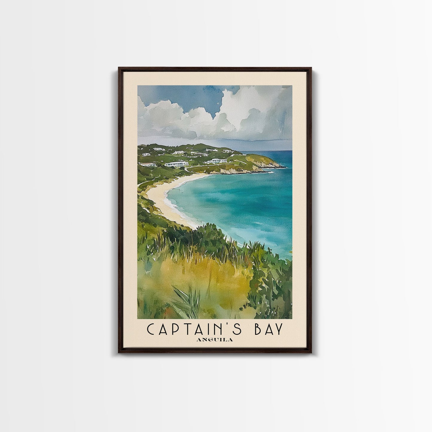 Captain's Bay, Anguila Watercolor Print, Vacation Gift, Anguila Wall Art, Beach Painting, Beach Decor, Large Wall Art, Wood Frame Art