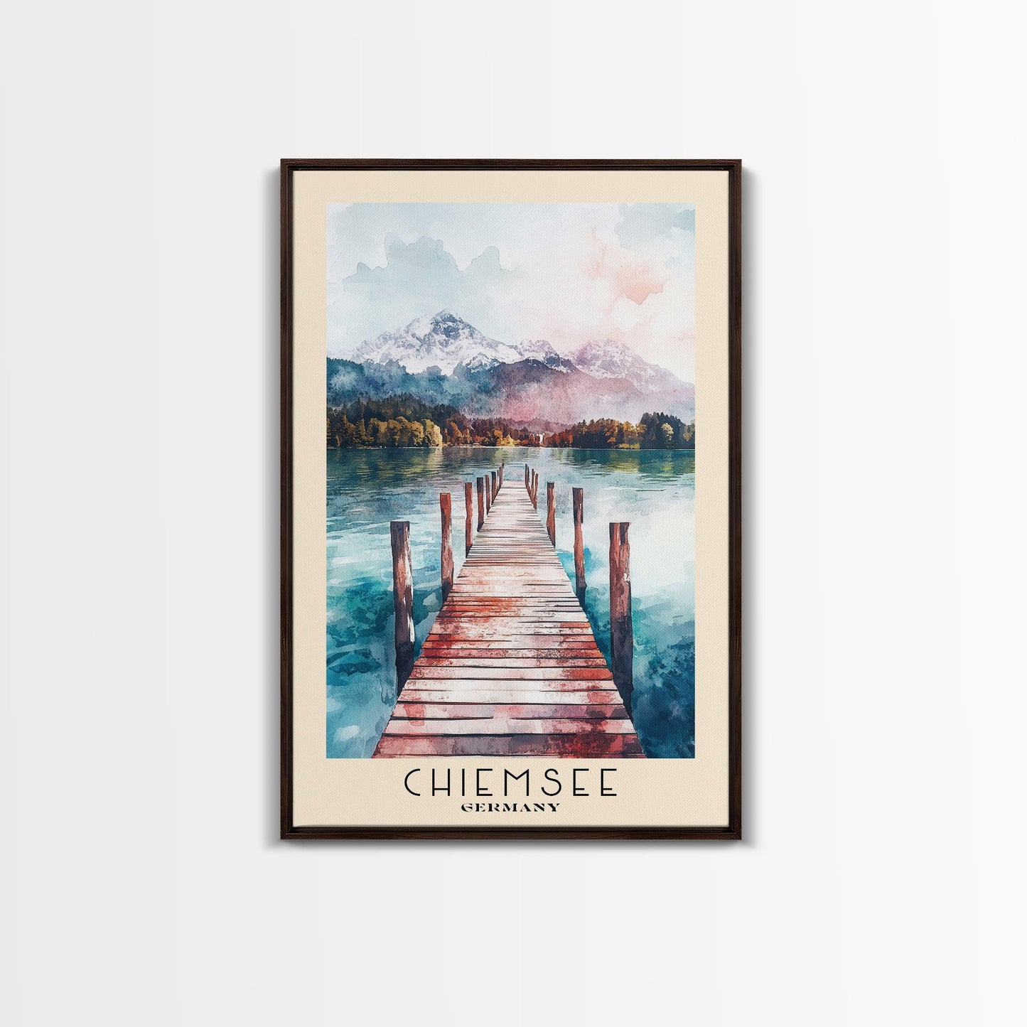 Chiemsee, Germany Watercolor Print, Vacation Gift, Germany Wall Art, Beach Painting, Beach Decor, Large Wall Art, Wood Frame Art