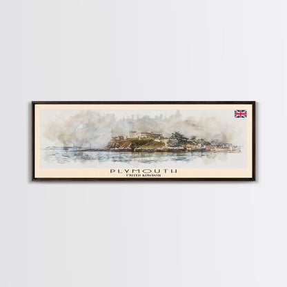 Plymouth United Kingdom Panoramic Travel Poster, Framed Canvas Print or Metal Wall Art, Travel Art, Home Decor, Panoramic Painting, Midcentury Art