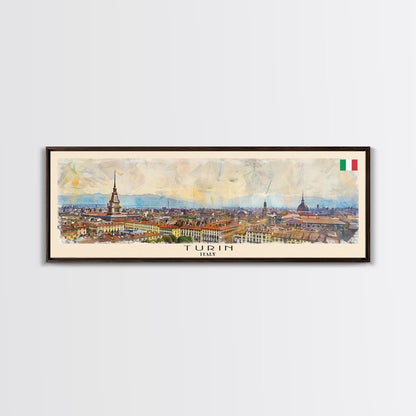 Turin Italy Panoramic Travel Poster, Framed Canvas Print or Metal Wall Art, Travel Art, Home Decor, Panoramic Painting, Midcentury Art