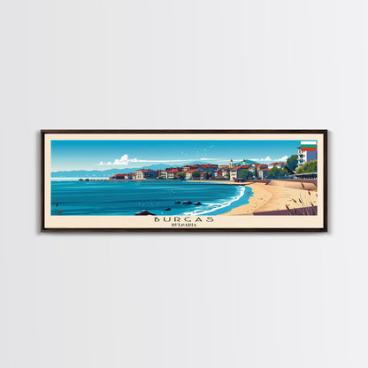 Burgas Bulgaria Panoramic Travel Poster, Framed Canvas Print or Metal Wall Art, Travel Art, Home Decor, Panoramic Painting, Midcentury Art