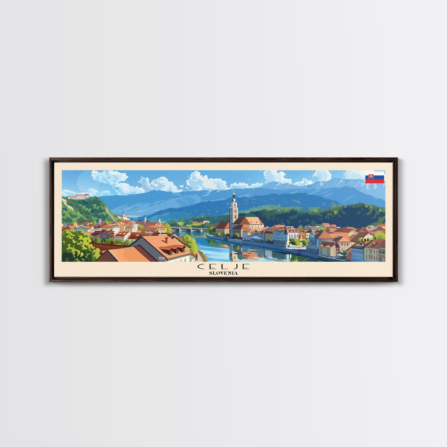 Celje Slovenia Panoramic Travel Poster, Framed Canvas Print or Metal Wall Art, Travel Art, Home Decor, Panoramic Painting, Midcentury Art