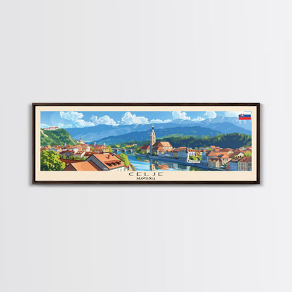 Celje Slovenia Panoramic Travel Poster, Framed Canvas Print or Metal Wall Art, Travel Art, Home Decor, Panoramic Painting, Midcentury Art