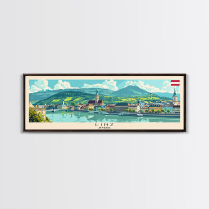 Linz Austria Panoramic Travel Poster, Framed Canvas Print or Metal Wall Art, Travel Art, Home Decor, Panoramic Painting, Midcentury Art