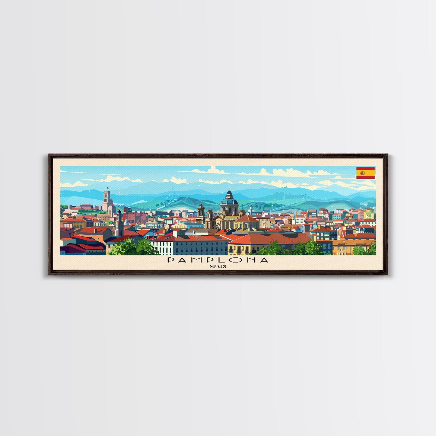 Pamplona Spain Panoramic Travel Poster, Framed Canvas Print or Metal Wall Art, Travel Art, Home Decor, Panoramic Painting, Midcentury Art