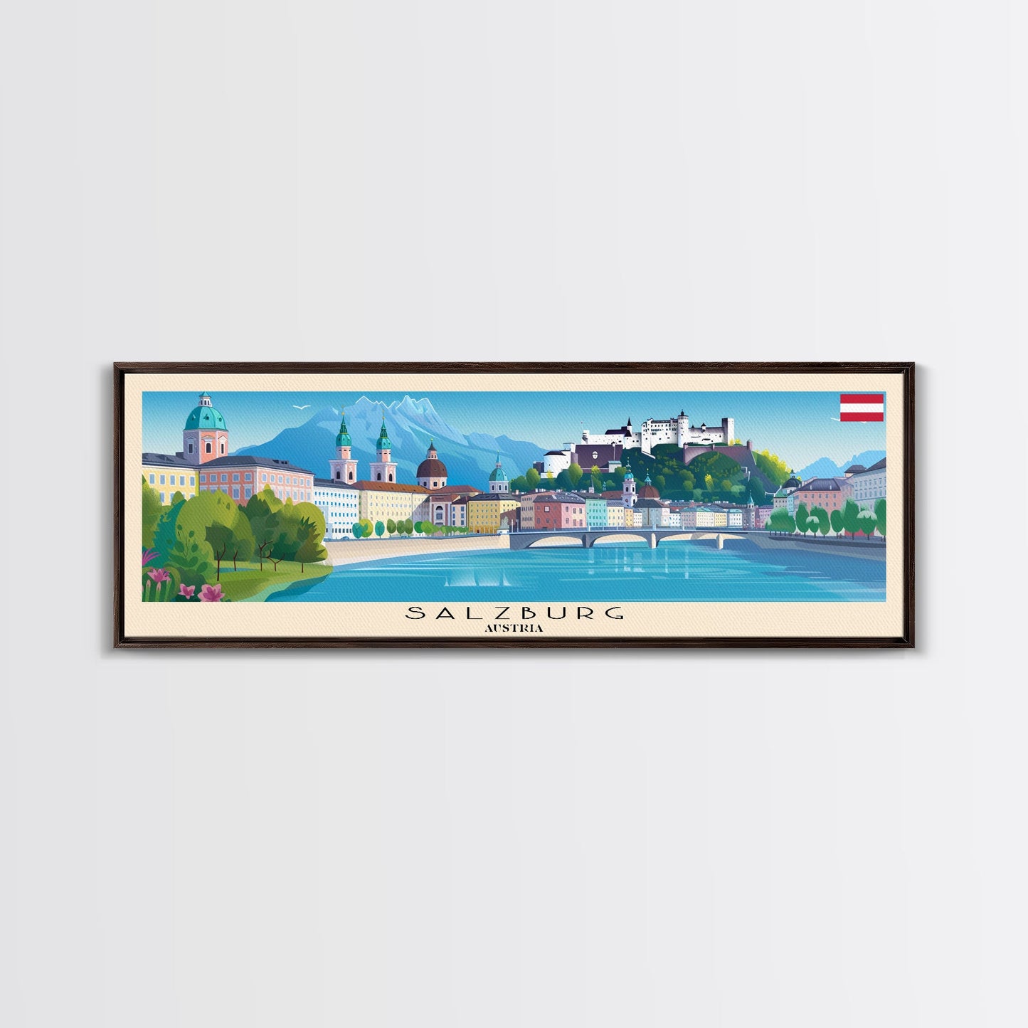 Salzburg Austria Panoramic Travel Poster, Framed Canvas Print or Metal Wall Art, Travel Art, Home Decor, Panoramic Painting, Midcentury Art