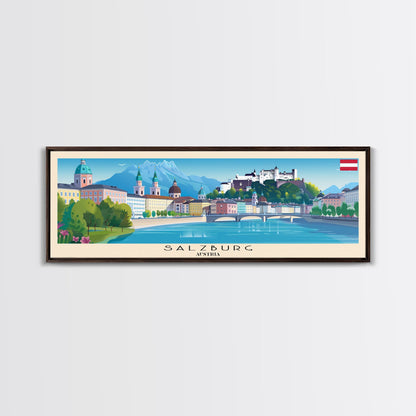 Salzburg Austria Panoramic Travel Poster, Framed Canvas Print or Metal Wall Art, Travel Art, Home Decor, Panoramic Painting, Midcentury Art
