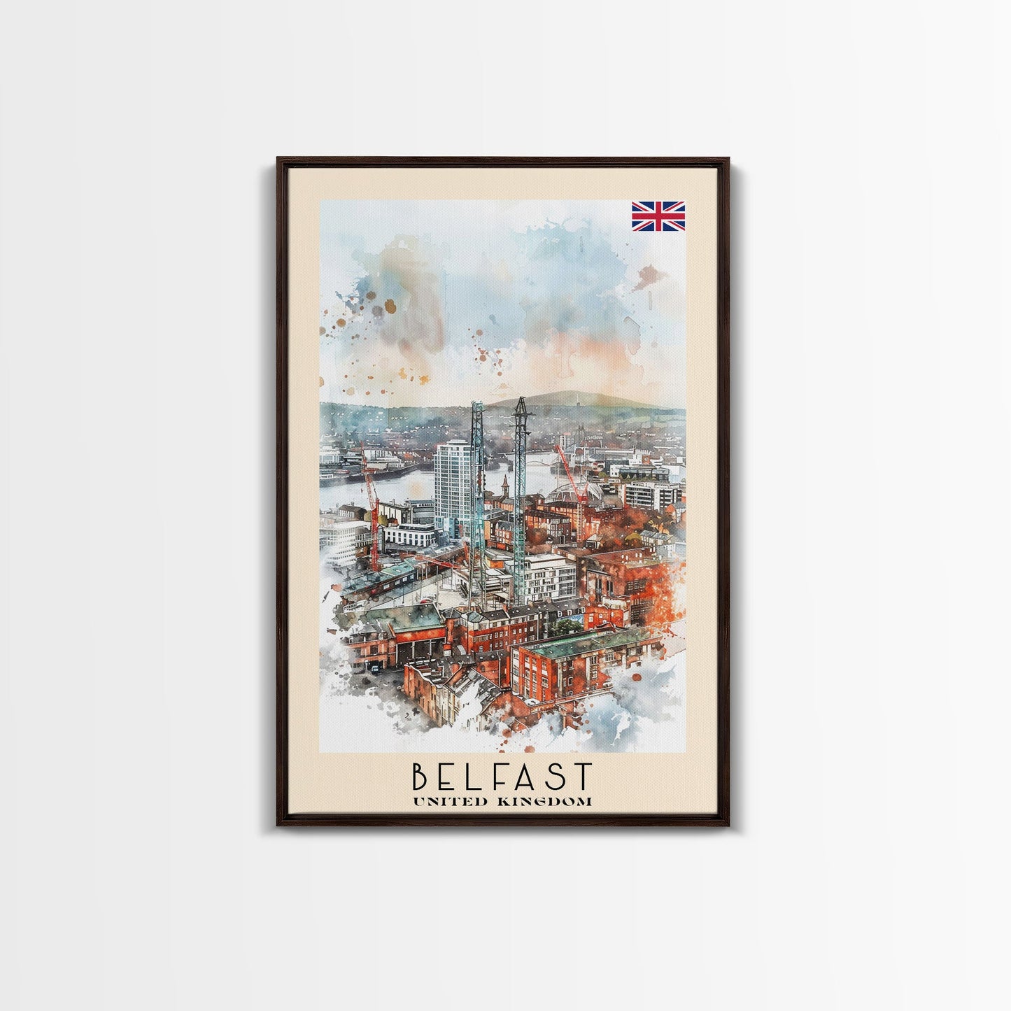 Belfast United Kingdom Travel Poster Framed Canvas Print, Wall Art, Living Room Art, Watercolor Painting, Original Art