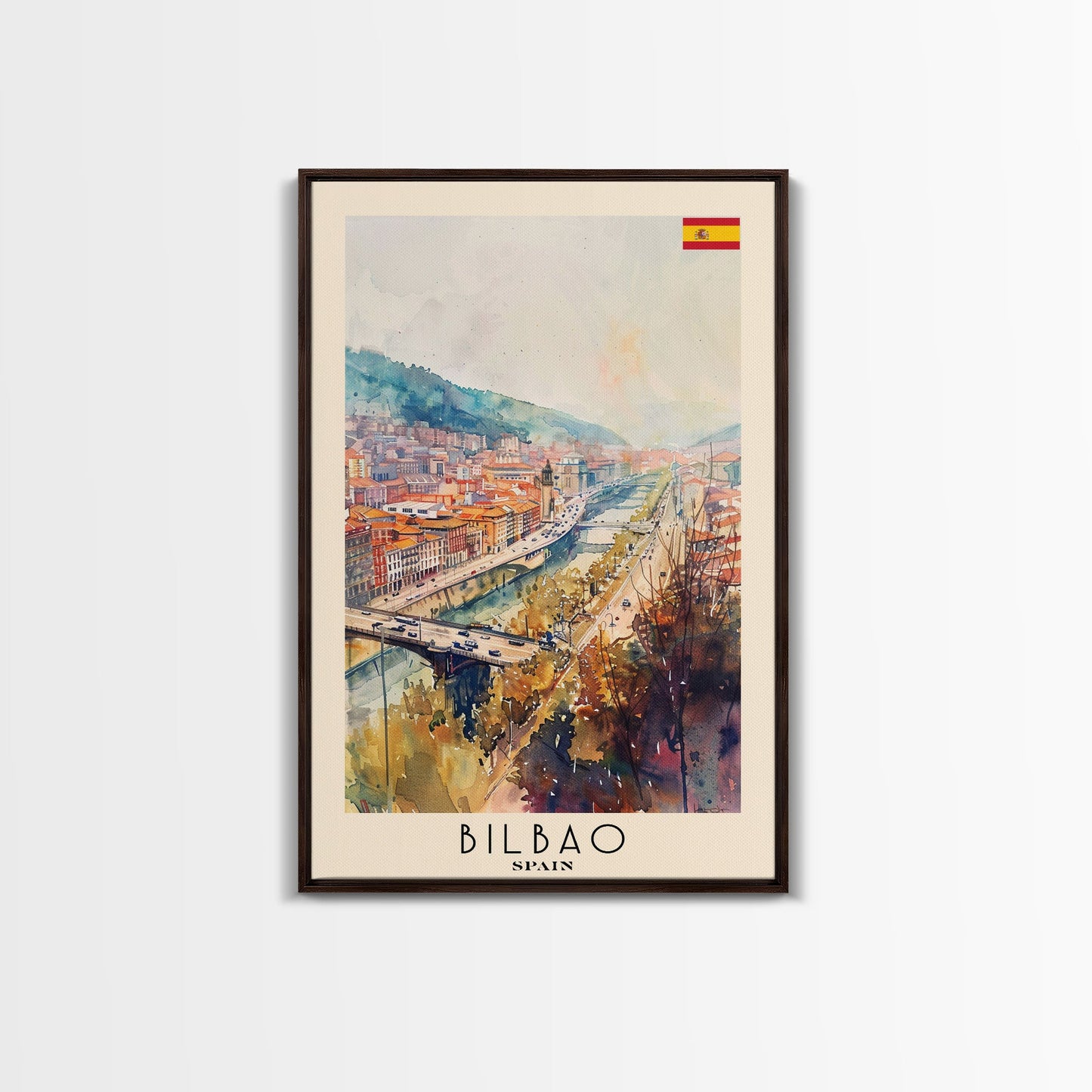 Bilbao Spain Travel Poster Framed Canvas Print, Watercolor Painting, Wall Art, Home Decor, Scenic Travel Print, Cityscape Art