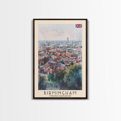 Birmingham United Kingdom Travel Poster Framed Canvas Print, Watercolor Art, Home Decor, Wall Art, Travel Print, Cityscape Art