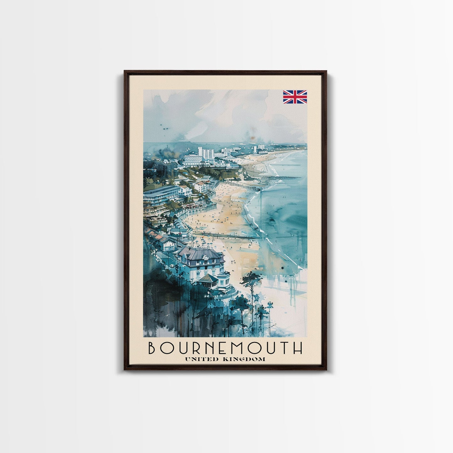 Bournemouth United Kingdom Travel Poster Framed Canvas Print, Wall Art, Home Decor, Travel Print, Beach View, Watercolor Art