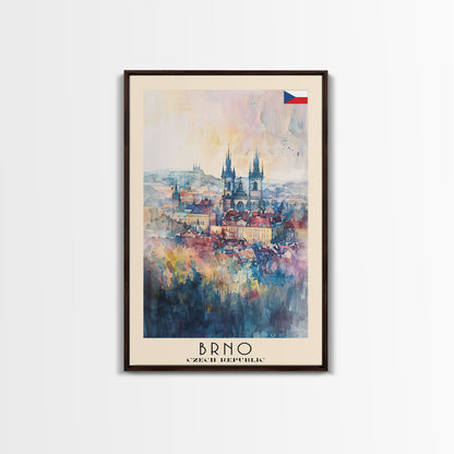 Brno Czech Republic Travel Poster Framed Canvas Print, Cityscape Art, Wall Decor, Travel Print, Watercolor Painting, Boho Style Art