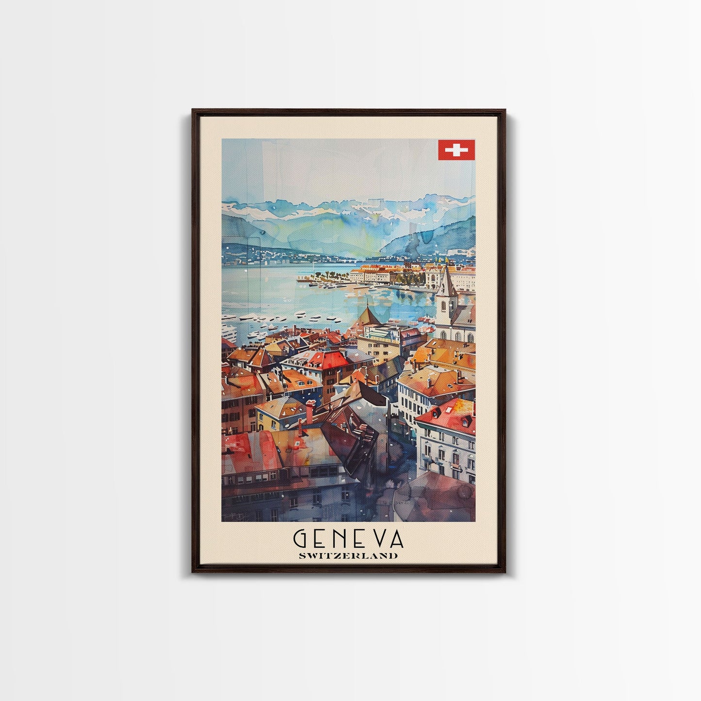 Geneva, Switzerland Travel Poster Art, Framed Canvas Print for Living Room or Bedroom, Scenic Wall Art, Home Decoration