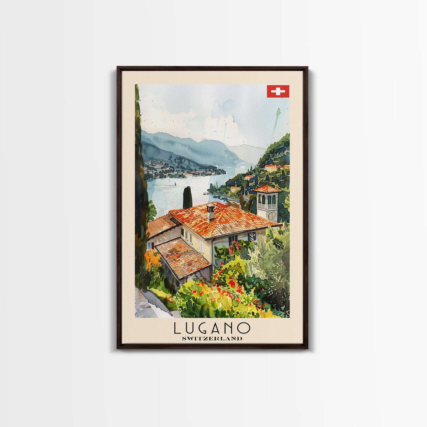 Lugano Switzerland Travel Poster Framed Canvas Print, Lakeside Cityscape, Watercolor Painting, Wall Art, Home Decoration, Travel Print, Artistic Gift