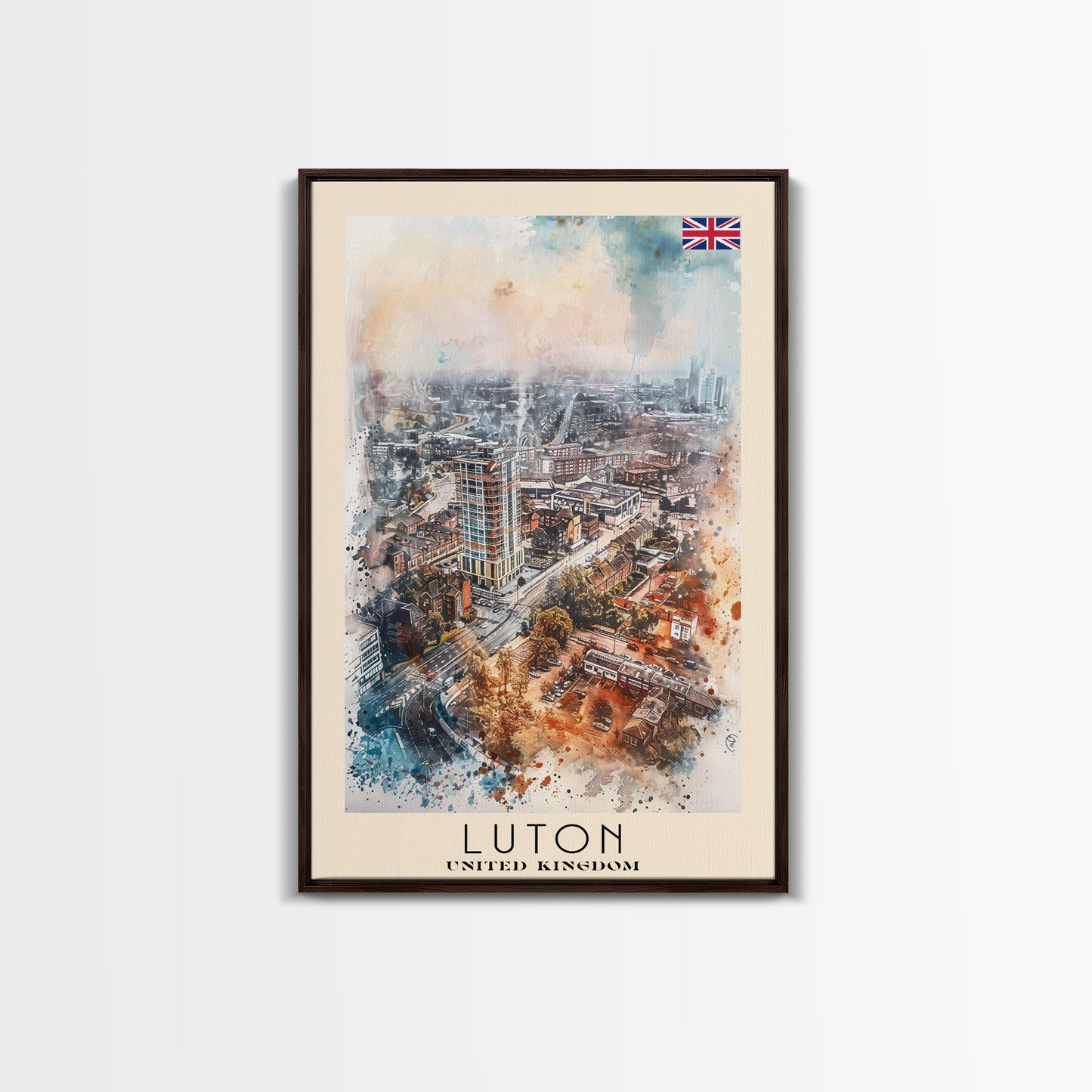 Luton United Kingdom Travel Poster Framed Canvas Print, Vibrant Cityscape, Urban Art, Wall Decor, Interior Design, Travel Print, Unique Art